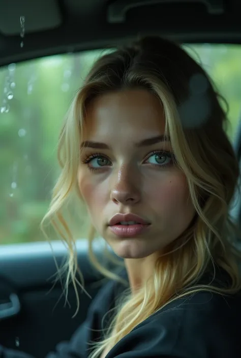 
Prompt: A close-up shot of a young hot, blonde woman driving a car, looking thoughtful, blurred green forest visible through the rainy car window