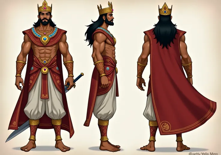 King Vikramaditya (Main Character)
Appearance:
A tall, majestic figure with a strong, athletic build. He has sharp facial features, a well-defined jawline, and deep, focused eyes. His long black hair is neatly tied back. He wears a golden crown adorned wit...