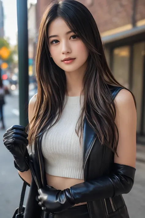 (8k, RAW Photo, Highest Quality, High Resolution:1.1), (ultra-realistic:1.4),(Realistic, Realistic:1.3),Japanese Beauty, Outdoors, A girl wearing an elegant dark violet long coat, a knit top and a houndstooth mini skirt, pumps,((Upper Body Position Street ...