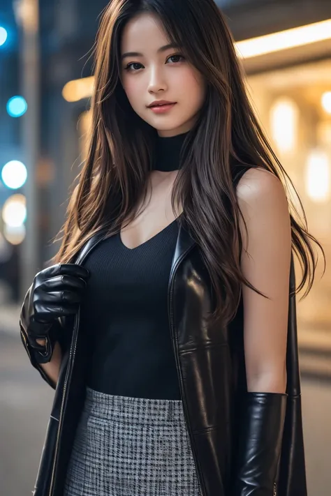 (8k, RAW Photo, Highest Quality, High Resolution:1.1), (ultra-realistic:1.4),(Realistic, Realistic:1.3),Japanese Beauty, Outdoors, A girl wearing an elegant dark violet long coat, a knit top and a houndstooth mini skirt, pumps,((Upper Body Position Street ...