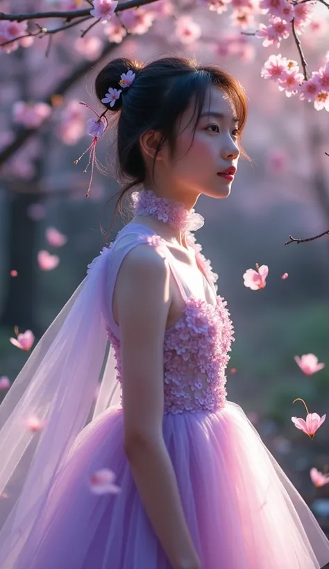 Expressionnisme, Minimalist Art, Transparent Ginkgo diffuses transparency, soft light penetrates the dark earth, showing a girl wearing an avant-garde dress of light purple transparent tulle, contoured light, dotted with fairy dust, she is decorated with d...