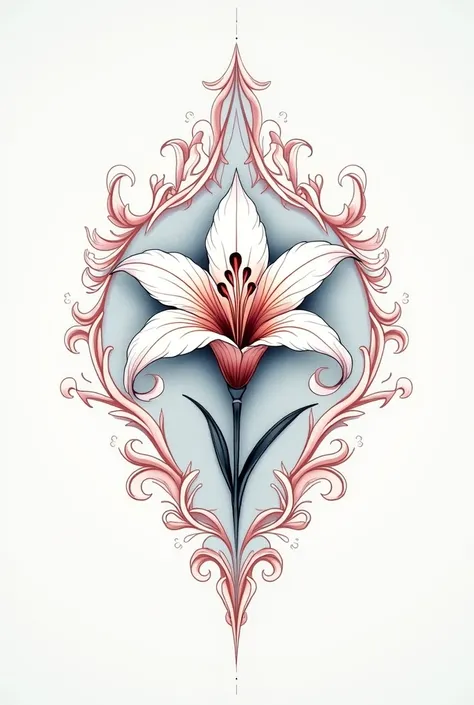 Create an intricate tattoo design inspired by a lily flower as the central element. The design should be symmetrical, with a mandala-like composition that radiates outward. Incorporate flowing, ornamental flourishes and swirling filigree details around the...