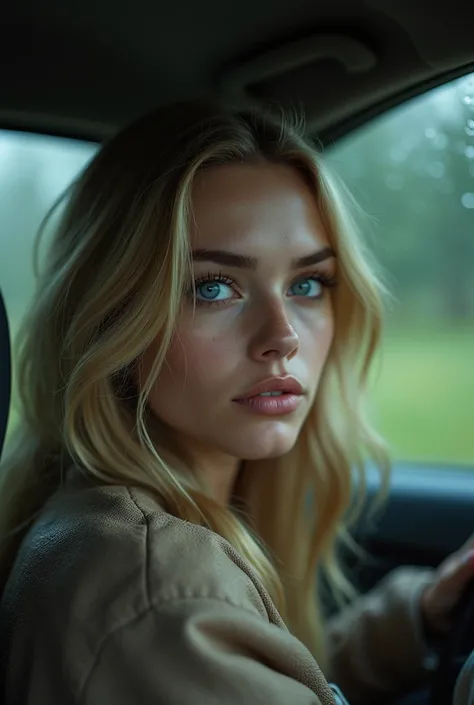 A close-up shot of a young hot, blonde, blue eyed woman driving a car, looking thoughtful, blurred green forest visible through the rainy car window