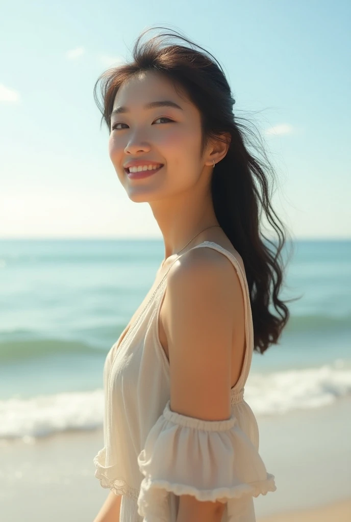 A young Asian woman enjoying a sunny day by the ocean, standing confidently with a soft smile. She wasnt wearing any clothes,