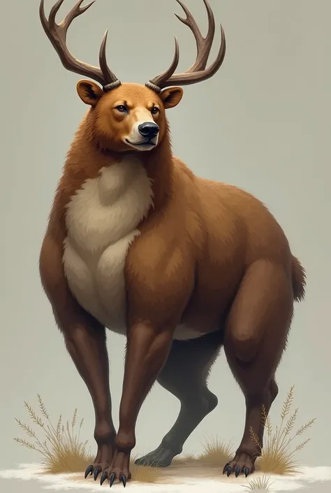 A large, muscular creature with the body of a bear, but with the delicate antlers and legs of a deer. This fusion would combine the bear’s strength and hunting abilities with the grace and agility of a deer, making it an interesting combination of power an...