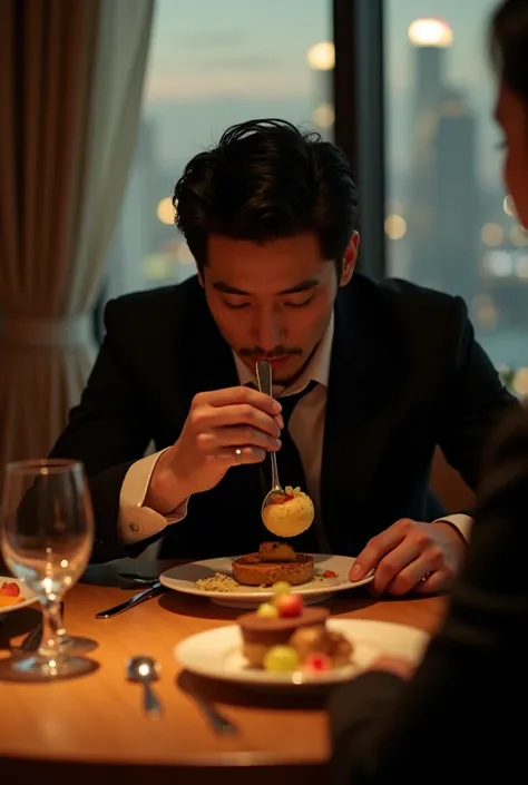 The time is evening.  The location is a high-rise apartment in Gangnam with a view of the Han River. .  The secretary secretly took a picture of a young Korean tycoon eating dessert.. Her face is not exquisitely visible .