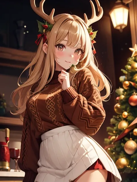 1 deer girl ,  deer horns , high definition brown fur add _detail:1,  detailed eyes in brown color add high definition_Detail: 1 tribal tattoo add _Detail:1, Posing Christmas sweater,Under a mistletoe , blowing a kiss,  Christmas miniskirt .