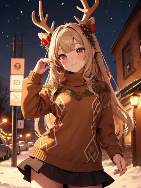 1 deer girl ,  deer horns , high definition brown fur add _detail:1,  detailed eyes in brown color add high definition_Detail: 1 tribal tattoo add _Detail:1, Posing Christmas sweater,Under a mistletoe , blowing a kiss,  Christmas miniskirt .