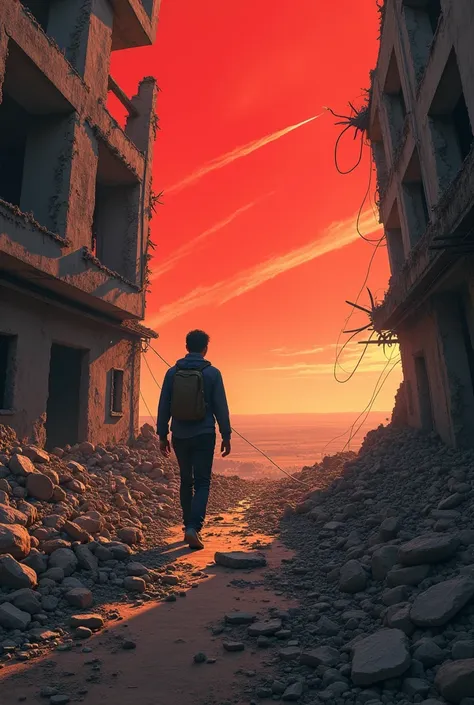 Prompt a young man walking in the middle of the rubble of a building caused by the war with the bacground of a building that was torn apart with a red sky decorated with rocket bullets and fighter jets passing through dry land and dry grass