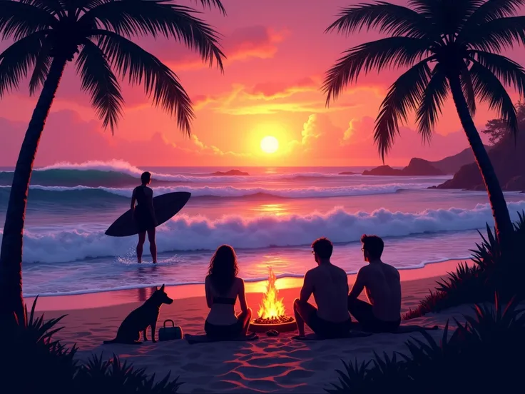  purple theme , Ultra HD 8K, image vintage,  a black silhouette of a surfer surfing with an orange sunset in the background with a big ocean where beautiful waves crash on the edge of a paradisiacal beach with palm trees where a group of 3 friends, a woman...