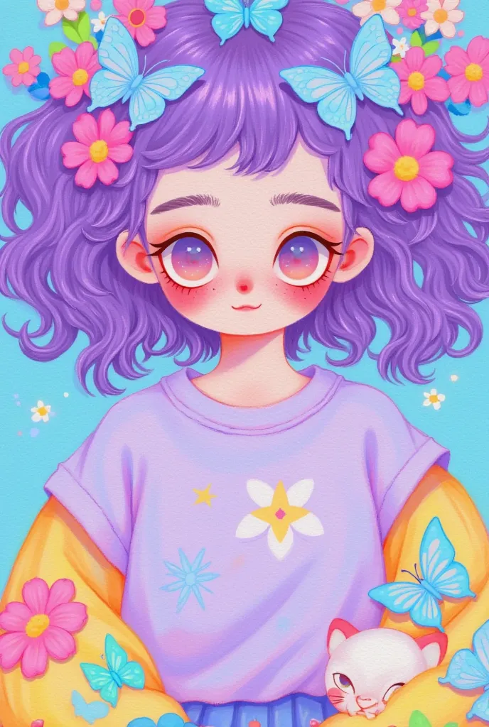 a cute girl with blue butterflies in her hair, wearing light purple and sky-blue t-shirts, in a flat illustration style, with ve...