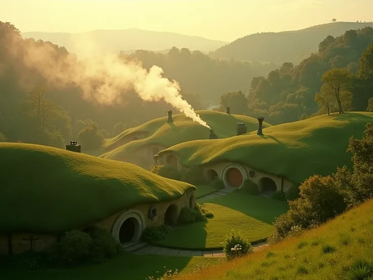 1950s film screengrab, 1950s super panavision 70 film stock, 70mm, film scratches, vintage, retro, beautiful cinematography, in color, grainy. A sweeping shot of the peaceful Shire, lush green hills with hobbit holes built into the earth, smoke rising from...