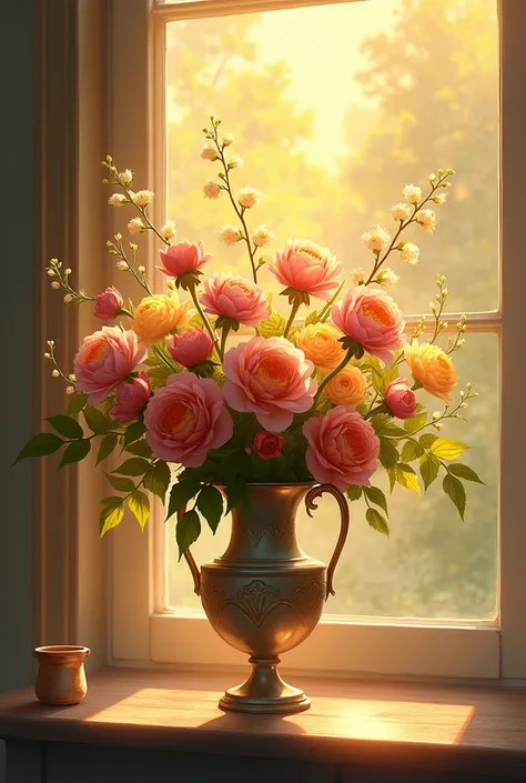 Youre an artist, draw beautiful flowers in a vase Golden Dawn. 