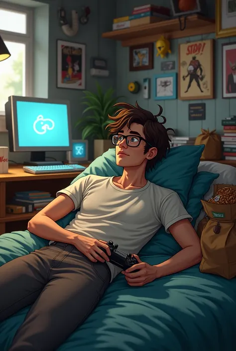 A man, nerd,20 year old,, bedroom