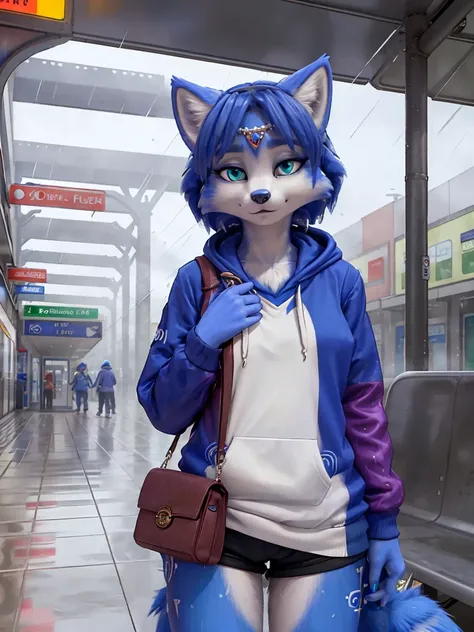 a picture of ((krystal)), Star Fox-Krystal, lovable, green eyes, ((( long blue hair 1 .3))), Decollete, anthro, Fuzzy,  detailed Fluffys fell,  detailed face, (Fluffy),  1 girl, Alone,( hoodie , Front view, Half-length portrait, satchel:1.15), (bus station...