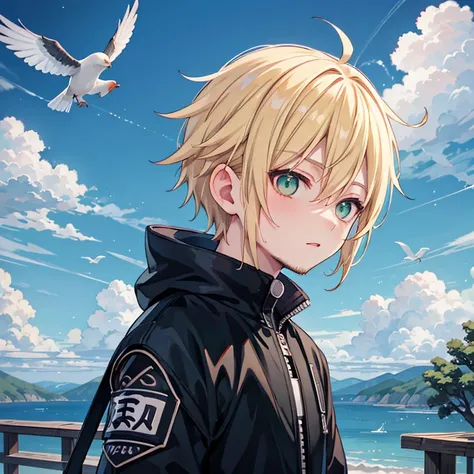 Chibi Naruto , 1个boy, blond,  male focus,  alone, sky空,  green eyes, cloud, sky,  beard tag, bird, blue sky空, boy, jacket, Outdoors,  upper body, cloudy sky空