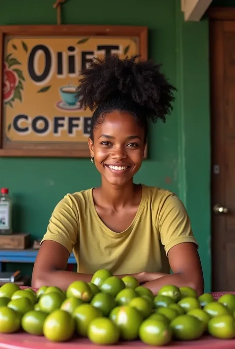 A young light skin woman afro bun sitting behind a table with green betel nuts on the table and a sign with hot coffee sign written on the wall behind her 