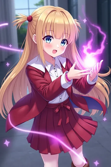  Draw a 15-year-old anime girl ,  with straight blonde hair up to her hips ,  combed with two side pigtails and three fringes on the forehead .  Light blue almost gray eyes that glow magenta when you use magic .  School uniform consisting of a white sleeve...