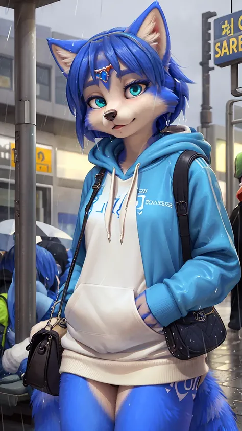 a picture of ((krystal)), Star Fox-Krystal, lovable, green eyes, ((( long blue hair 1 .3))), Decollete, anthro, Fuzzy,  detailed Fluffys fell,  detailed face, (Fluffy),  1 girl, Alone,( hoodie ,  portrait, satchel:1.15), (bus station, misty, Its raining, S...