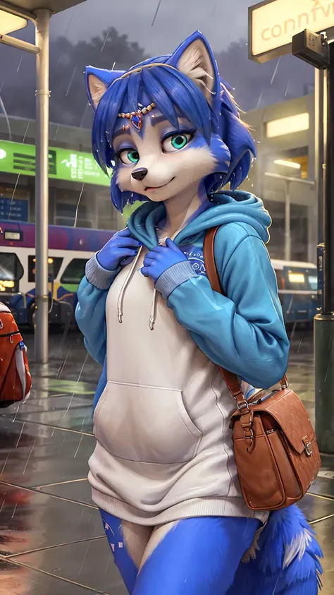 a picture of ((krystal)), Star Fox-Krystal, lovable, green eyes, ((( long blue hair 1 .3))), Decollete, anthro, Fuzzy,  detailed Fluffys fell,  detailed face, (Fluffy),  1 girl, Alone,( hoodie ,  portrait, satchel:1.15), (bus station, misty, Its raining, S...