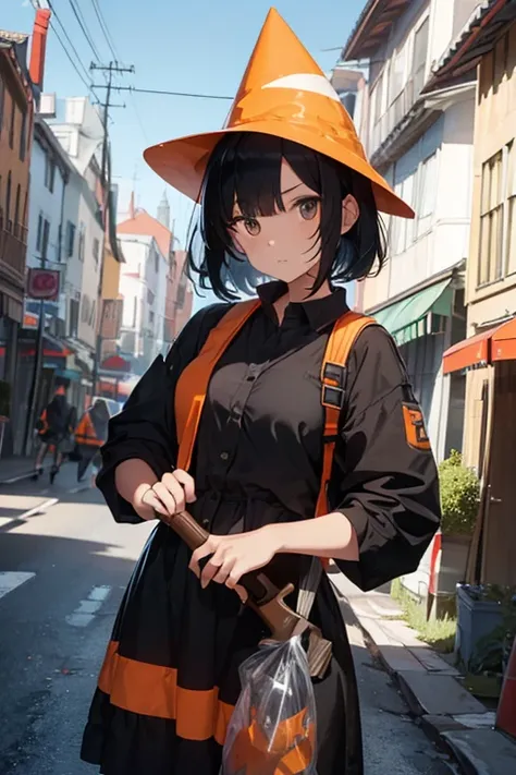 A witch with short black hair wearing a plastic bag taped to a garbage bag as clothes ,She is holding a sawed-off shotgun with her left hand and also wearing a orange traffic cone on her head