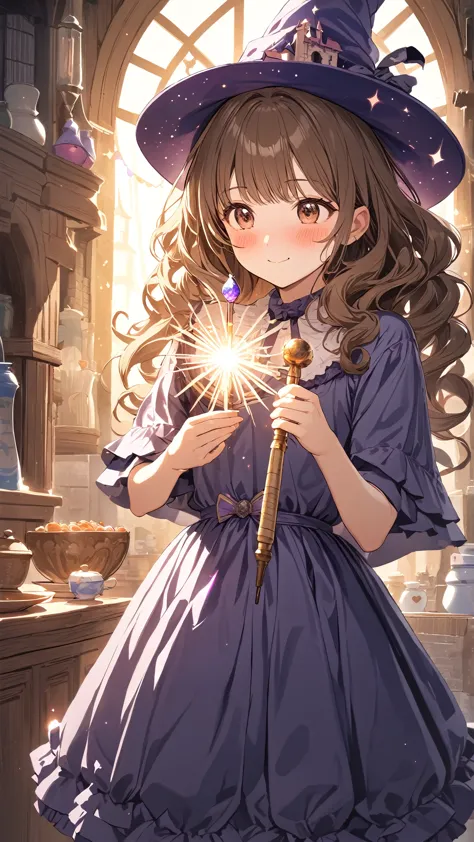 1 girl, ( cute face),  wavy hair in front of the station,to many hairstyle,   Wizard Hat , (blush:1.3),  small breasts,  Embittered ,  magic wand,  Frilled Dress ,  Pottery skin ,  cowboy shots, break,  bright light, ( Fantastic Tones:1.3),  Romance Vibe , break, Phantom Castle, Shining Jewels, Moment to Dream ,  Character Focus , game cg, absurdres,  highres icon, ultra detailed, beautiful, masterpiece, best quality
