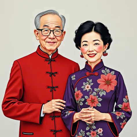 Embroidery art with a great sense of embroidery. There is an elderly Taiwanese couple in the picture, the grandfather is wearing a red Zhongshan suit and the grandmother is wearing a purple cheongsam. They have charitable faces and smiles, very energetic a...