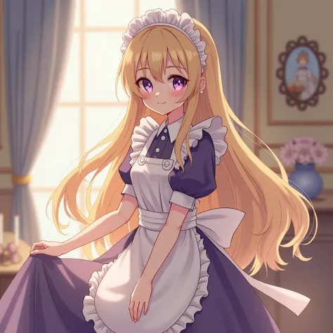 maid,  blond hair,  purple eyes ,  smiles