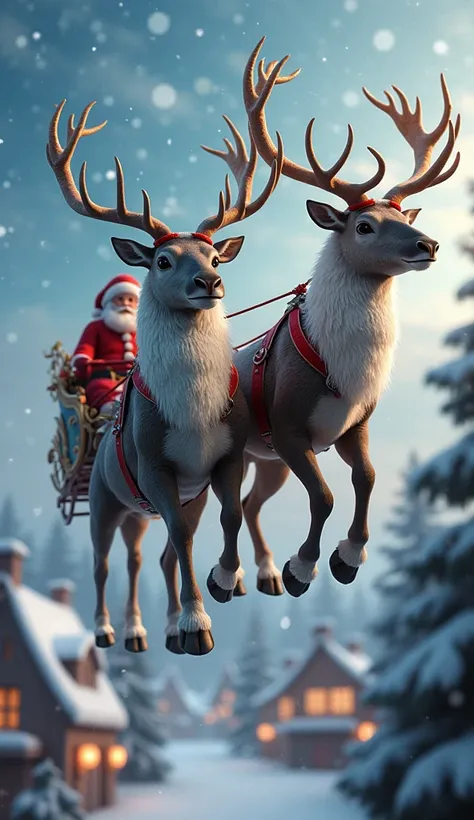 Reindeer pulling Santas sleigh, flying over snowy village,  ornated decorated text "Merry Christmas" placed appropriately, photorealism, Anatomically Correct, Award Winning, Super Detailed, UHD, 