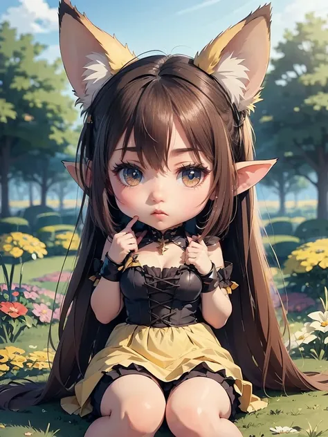 cute anime style girl,((chibi character,deformed character)),fox, (monster girl), brown long ears with dark brown inside, brown fur, yellow-brown neck fur, fluffy brown tail with yellow-brown tip, large brown eyes, modest clothing, sitting in a flower gard...