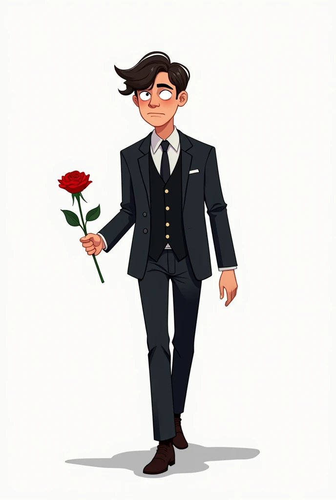 Generate a cartoon of a sad young man in a black suit with a red rose in his hand walking disappointed (white background) (Semilla 148221423 )