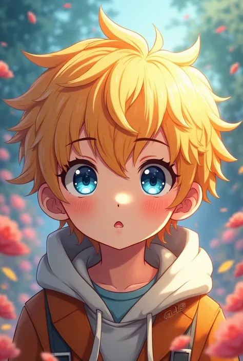 A boy in anime style, blue-Grey eyes and fluffy bright - blonde hair, a colorful background 