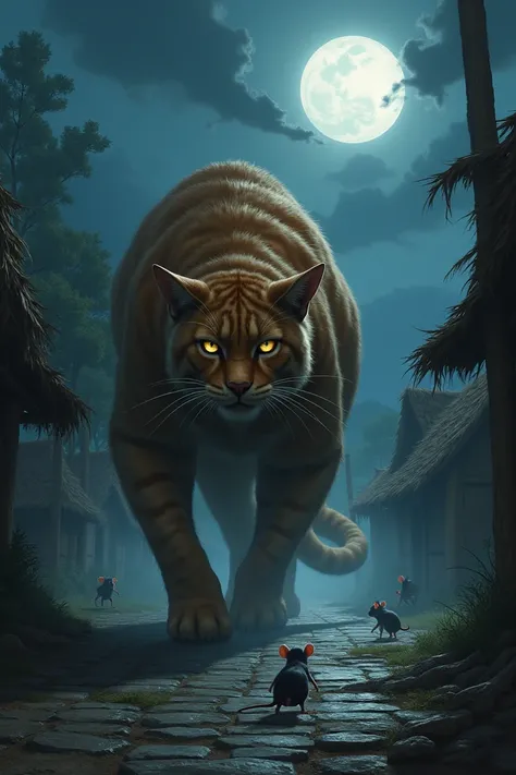 A large, fierce-looking cat with piercing eyes, sneaking into a dark, quiet village at night. A group of small mice scatter in fear. The background shows small huts and moonlight shining over the scene, creating a tense atmosphere.
