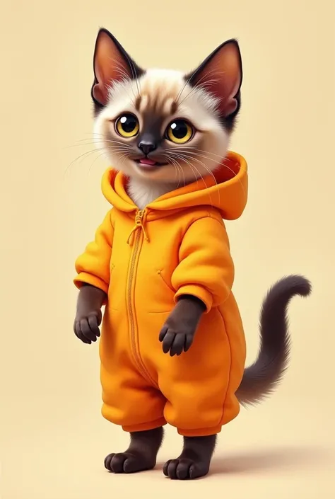 A kitten wearing orange fruit clothes is standing on two legs,cute,Siamese cat,smile,whole body,Alone,Genuine