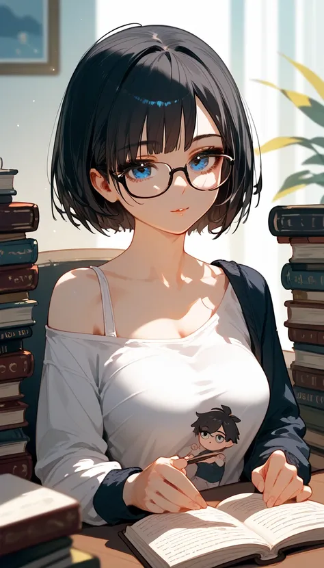  sister model ,Black hair,Short hair,I tied my hair,Wear glasses, in dark blue eyes, Off-the-Shoulder Tops,Long sleeve t-shirt,beautiful,cute, Medium Bust, read a book