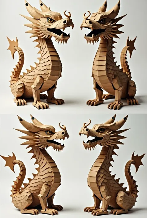 CREATE A FRONT, TOP, SIDE AND BOTTOM VIEW OR MODEL OF A CHINESE DRAGON  MADE OF CARDBOARD