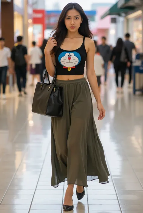 A beautiful indonesian woman, huge saggy breasted, cleavage, perfect body curve, tanktop with doraemon face on it, chiffon long skirt, flat shoes, walking in the shopping mall while hold branded bag. Look at the viewer, Realistic photography, natural light...