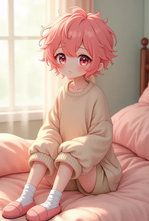 Femboy with pink soft beady eyes, strawberry pink short soft light curly hair. Slender fragile body, with pale skin. 
-Hes a cute anime boy, that wears oversized sweater with shorts and knee-socks. With slip-on cute slippers.