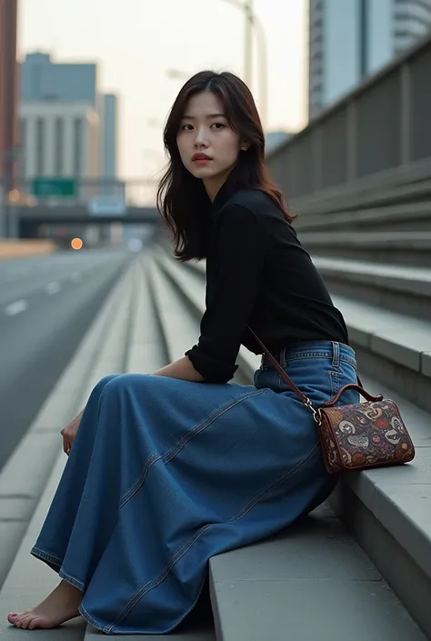 Beautiful Korean Full Body Woman Wearing Black Shirt Long Jeans Skirt Sitting On Highway Stairs Carrying Beautiful Bag 