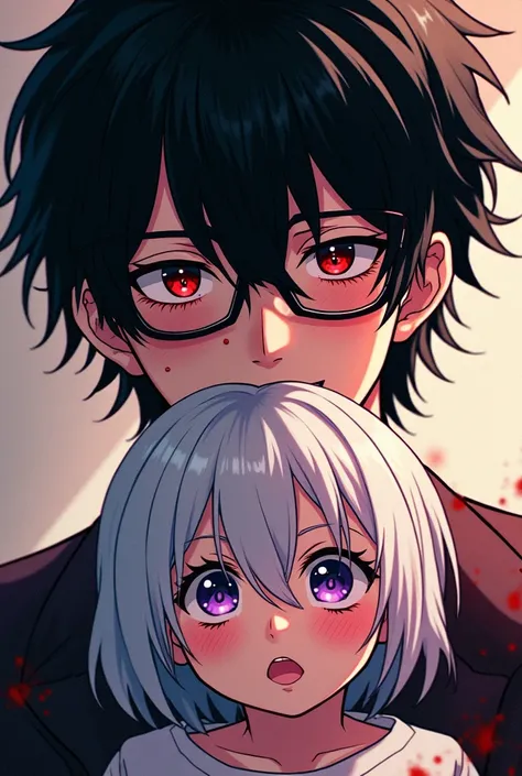 A  yandare handsome father with his adoptive son.. the father would have black messy hair wearing a glasses  with ruby eyes and the son would be adorable with white hair and with purple eyes make the artstyle juicy oh and give the father some stained blood...