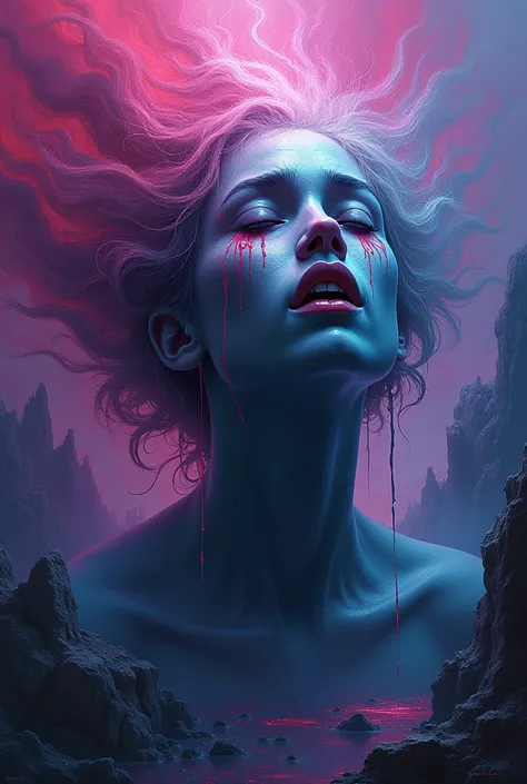  Representation of dementia and borderline personality disorder,  with intense neon colors purple blue and pink , tears and freedom .