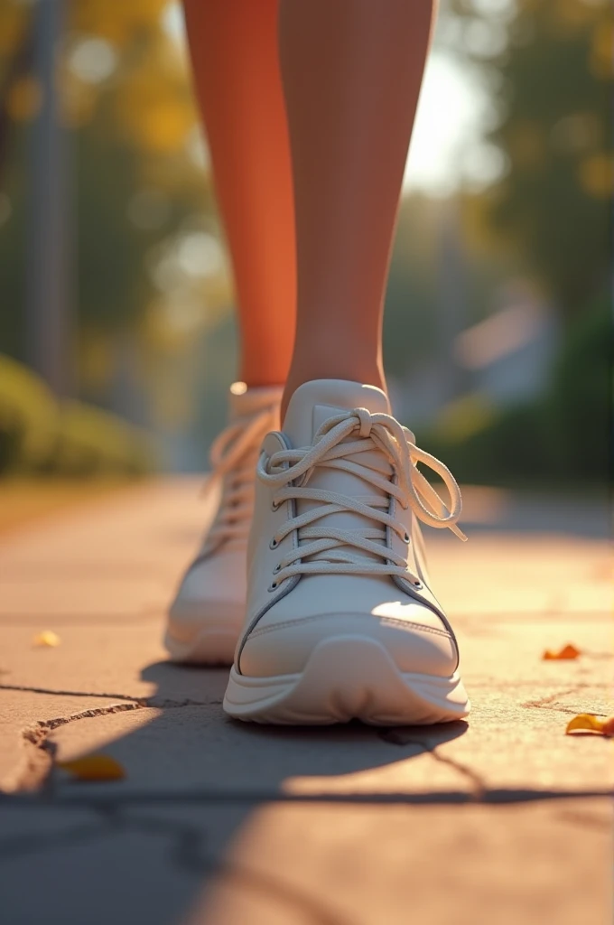 Create a Disney Pixar style close-up shot of Emma’s foot in a white sneaker stepping awkwardly on the pavement. The shoe appears tight, and the scene captures a small wince of pain. The setting is the same suburban sidewalk, with Emma’s shadow faintly visi...