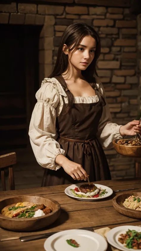 Medieval photograph of a girl at a dinner table， top quality， Masters work，8k，Theres some food all around her ， Shes wearing a low-cut peasant dress ，Unraveling the right texture of the skin ，