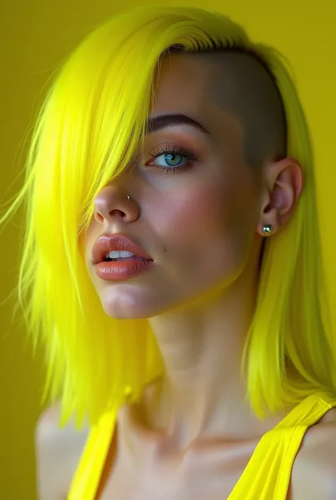 arabian erotic mature, yellow hair, one shaved sides hair, yellow blue eyes, big pump silicone lips, yellow lipstick neon dress My yellow one side hair falls across my face, partially obscuring my vision