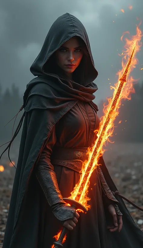 Image of Hooligan Girl  with a fire sword, hooded girl. "XULİQANKA" is written in the flames,dark fantasy