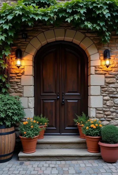  A warm medieval stone tavern facade ,  with a dark wooden door surrounded by russet flower pots {x} Ticks and a barrel on the left.  A switched off hanging lantern near the entrance . The atmosphere is calm and welcoming ,  with ivy-covered walls and pave...