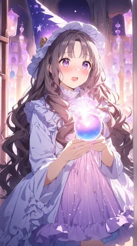 1 girl, ( cute face),  wavy hair in front of the station,to many hairstyle,   Wizard Hat , (blush:1.3),  Big Breasts , 照れて身を隠す,  magic wand,  Frilled Dress ,  Pottery skin ,  cowboy shots, break,  bright light, ( Fantastic Tones:1.3),  Romance Vibe , break...