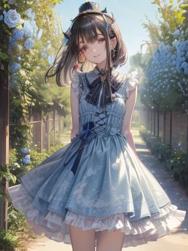 art by Cornflower,(masterpiece),(highly detailed CG,ultra-detailliert,Best Shadow:1.3),(Perfect Anatomy),(beautiful and luxurious:1.2),1 girl,((arms behind back)),(alice in the wonderland),blue ribbon on head,blue clothes,Beautiful and extra detailed face,...