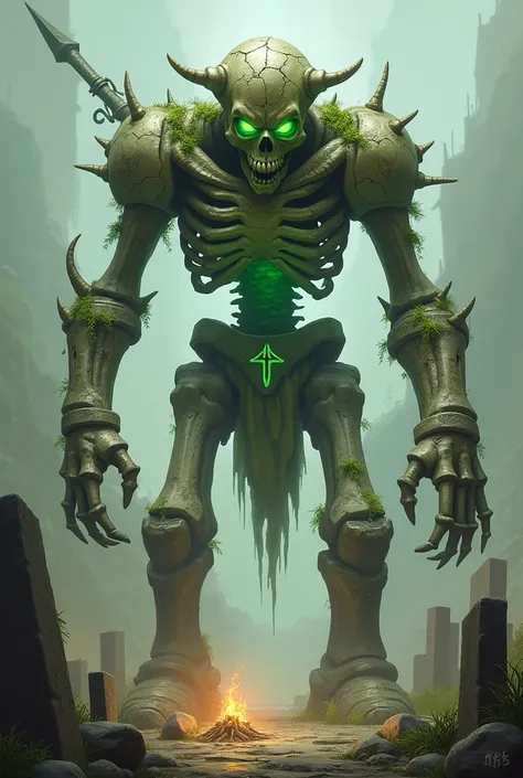 ###  Description of Bonecrase 
A huge skeletal guard with an ancient body made of bone and stone.  Its slightly bent shape resembles a revived monument .  Pale bones with cracks and a coating of moss emphasize his age .  The gray-brown color of the bones i...