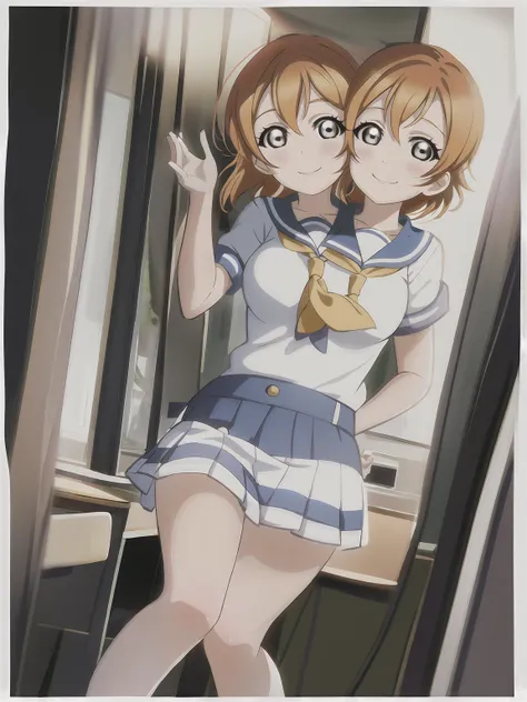 (masterpiece, best quality), best resolution, (2heads:1.5), 1girl, solo, close-up, school uniform, school girl, LLChar, Hoshizora Rin, Koizumi Hanayo, in the classroom, beautiful detailed eyes, beautiful detailed lips, extremely detailed face, long eyelash...